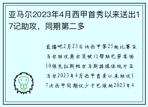 亚马尔2023年4月西甲首秀以来送出17记助攻，同期第二多