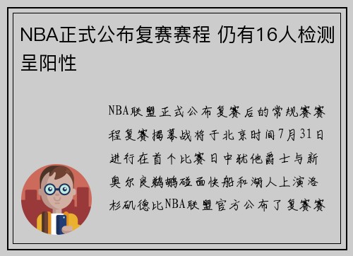 NBA正式公布复赛赛程 仍有16人检测呈阳性