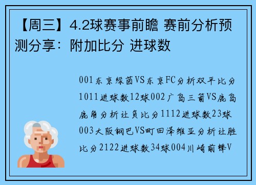 【周三】4.2球赛事前瞻 赛前分析预测分享：附加比分 进球数