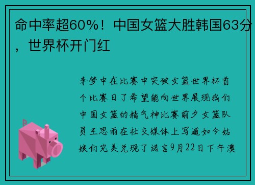 命中率超60%！中国女篮大胜韩国63分，世界杯开门红
