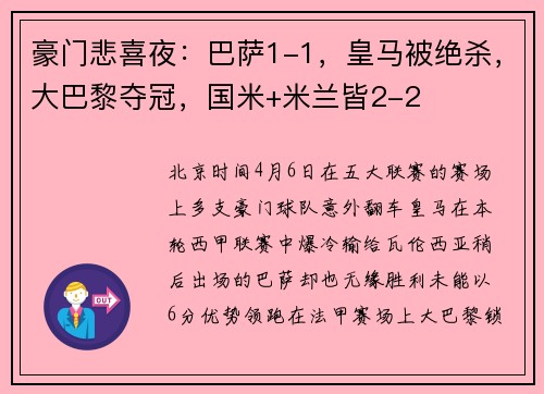 豪门悲喜夜：巴萨1-1，皇马被绝杀，大巴黎夺冠，国米+米兰皆2-2