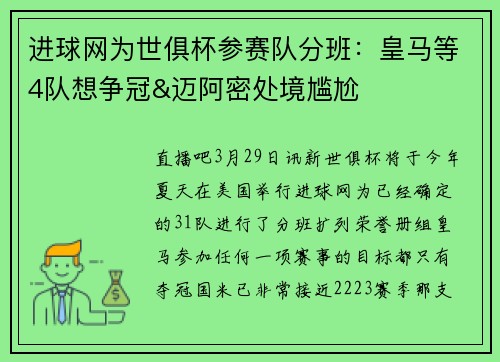 进球网为世俱杯参赛队分班：皇马等4队想争冠&迈阿密处境尴尬
