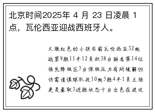 北京时间2025年 4 月 23 日凌晨 1 点，瓦伦西亚迎战西班牙人。